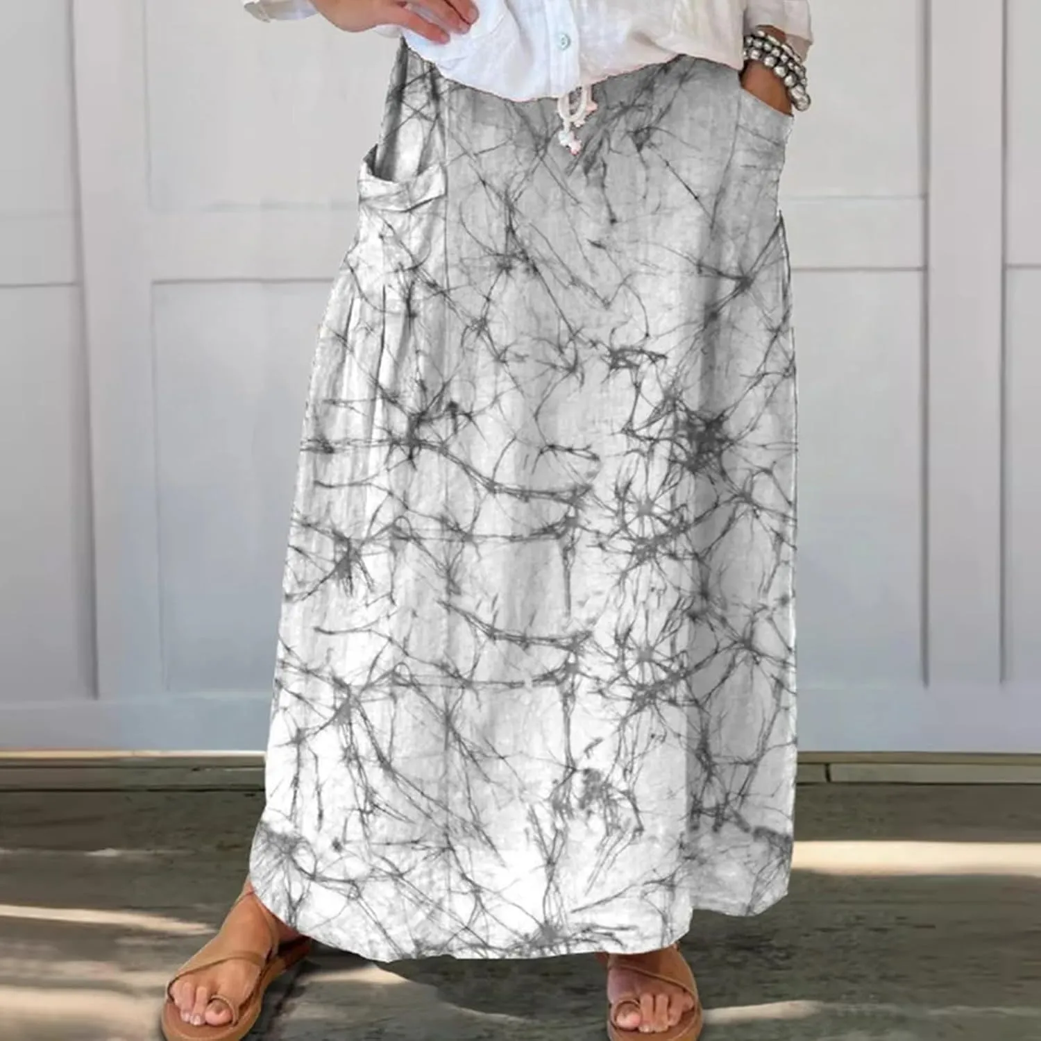 Elastic High Waist Floral Print Boho Maxi Skirt Women Tiered Pleated Flowy Long Summer Beach Skirt