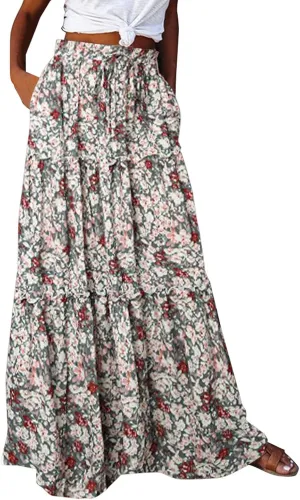 Elastic High Waist Flowy Long Skirts Women Boho Floral Summer Tiered Pleated Casual Beach Maxi Skirt