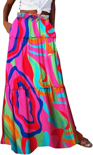 Elastic High Waist Flowy Long Skirts Women Boho Floral Summer Tiered Pleated Casual Beach Maxi Skirt