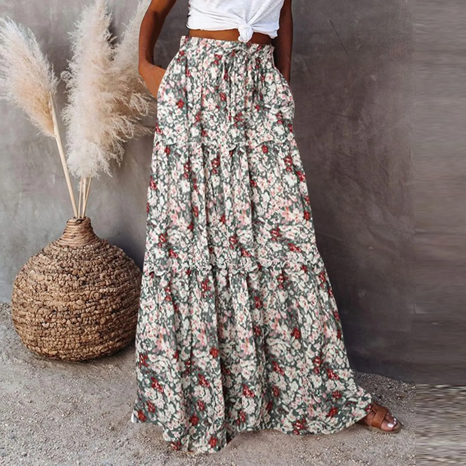 Elastic High Waist Flowy Long Skirts Women Boho Floral Summer Tiered Pleated Casual Beach Maxi Skirt