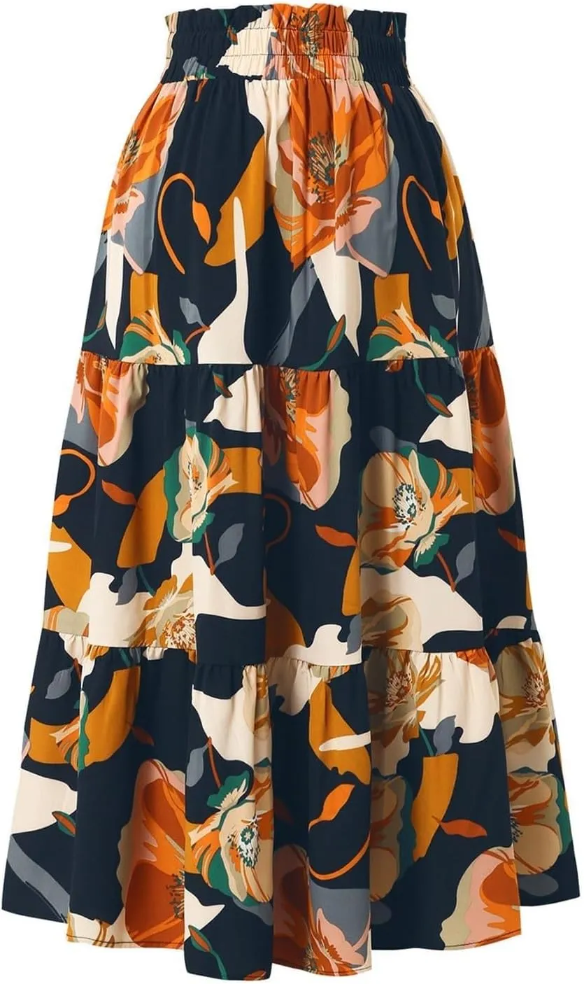Elastic High Waist Flowy Long Skirts Women Boho Floral Tiered Pleated Summer Casual Beach Maxi Skirt