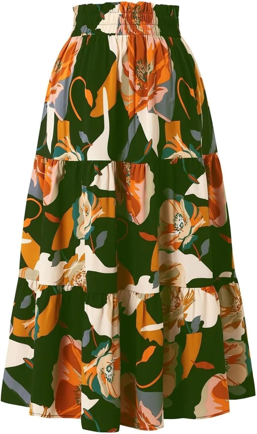 Elastic High Waist Flowy Long Skirts Women Boho Floral Tiered Pleated Summer Casual Beach Maxi Skirt