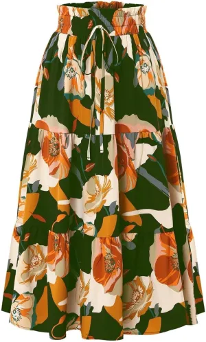Elastic High Waist Flowy Long Skirts Women Boho Floral Tiered Pleated Summer Casual Beach Maxi Skirt