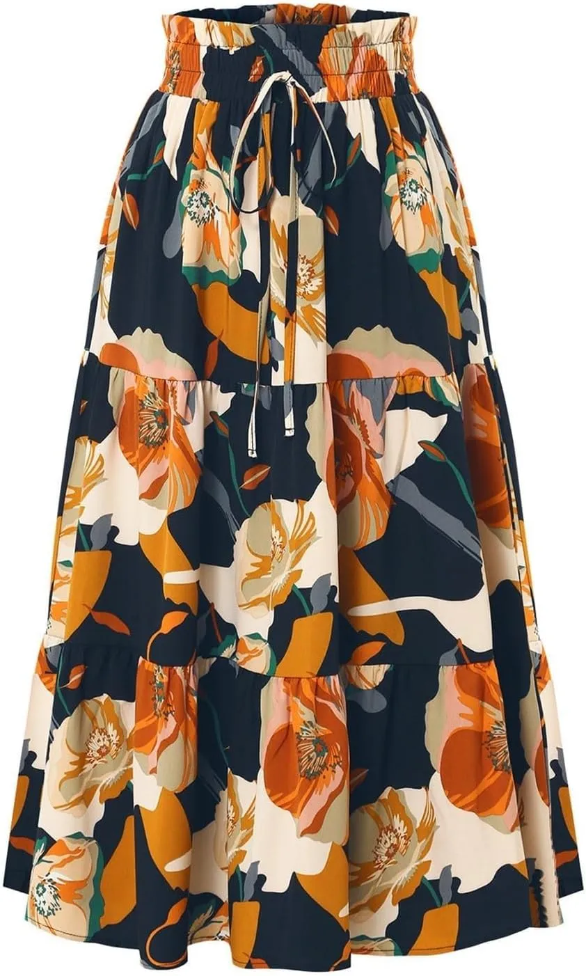 Elastic High Waist Flowy Long Skirts Women Boho Floral Tiered Pleated Summer Casual Beach Maxi Skirt