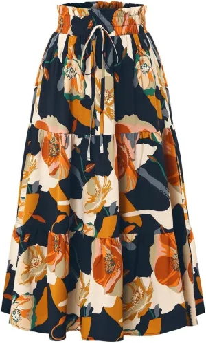 Elastic High Waist Flowy Long Skirts Women Boho Floral Tiered Pleated Summer Casual Beach Maxi Skirt