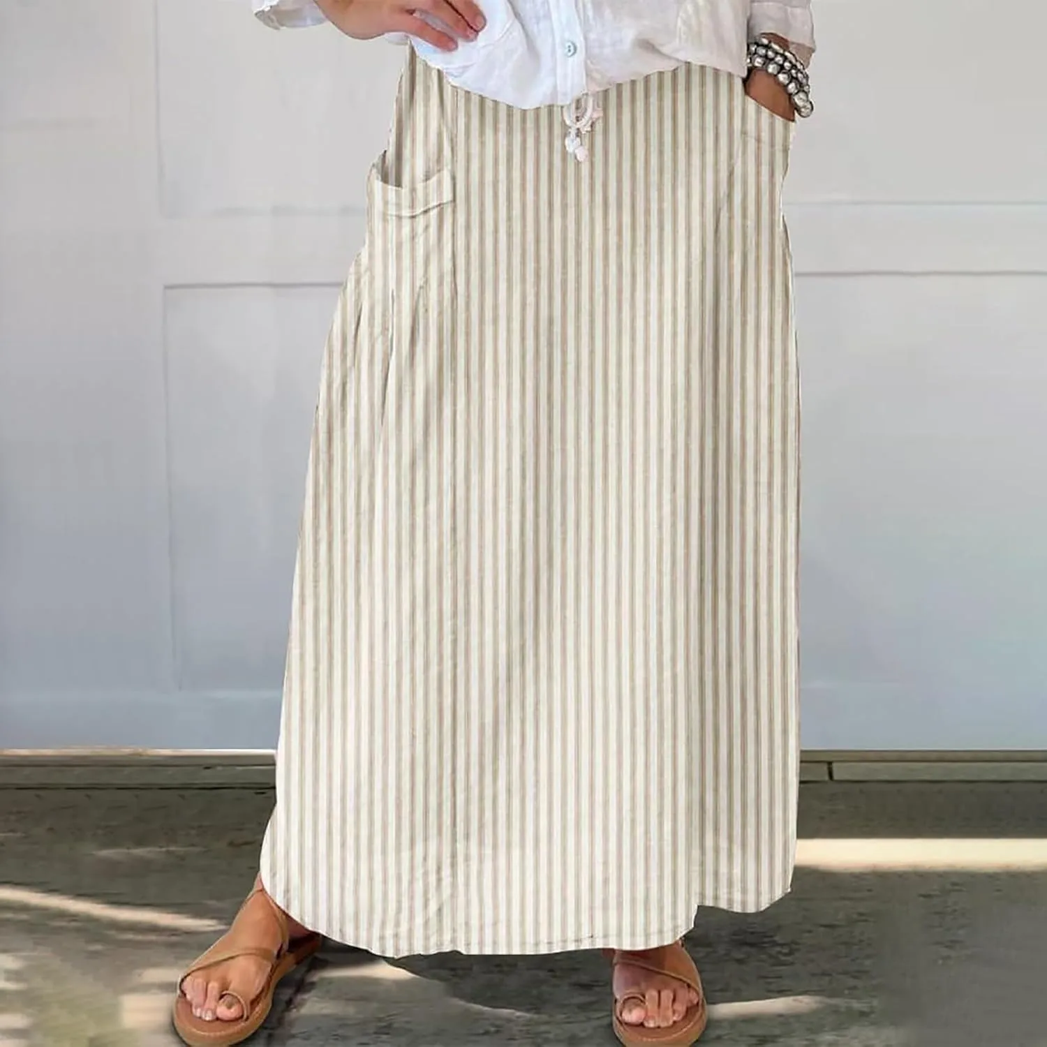 Elastic High Waist Flowy Maxi Skirts Women Boho Floral Summer Tiered Pleated A Line Long Skirt with Pockets Beach
