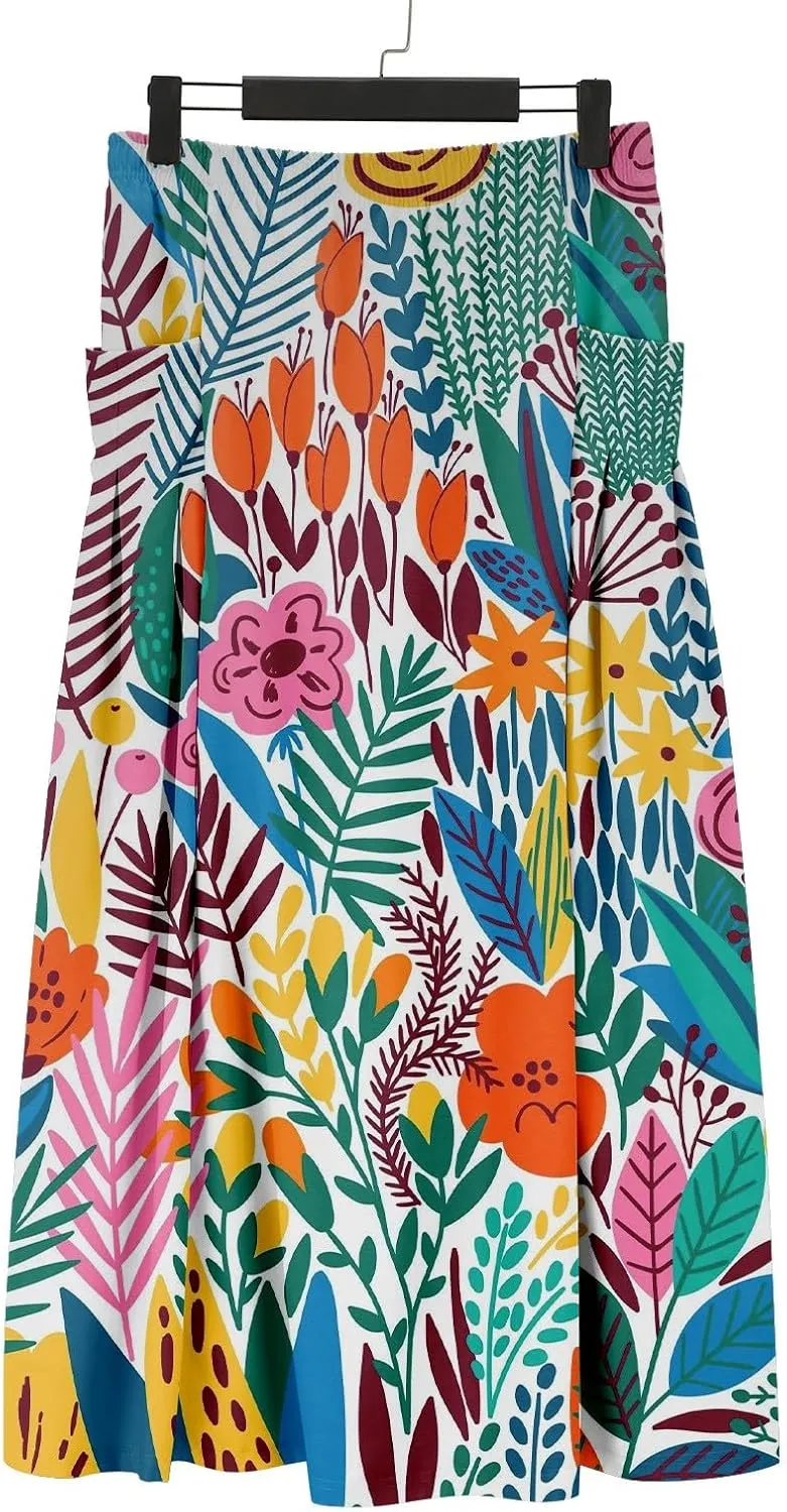 Elastic High Waist Flowy Maxi Skirts Women Boho Floral Tiered Pleated Summer Casual Long Beach Skirt