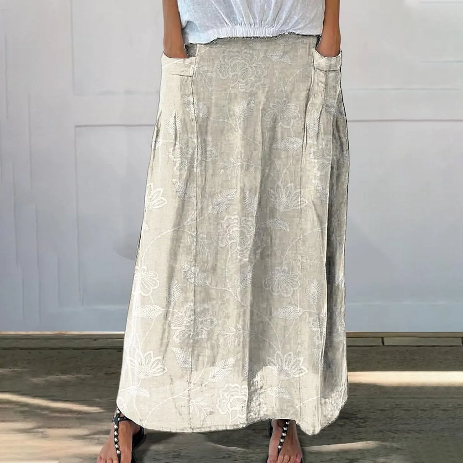 Elastic High Waist Flowy Maxi Skirts Women Boho Floral Tiered Pleated Summer Casual Long Beach Skirt