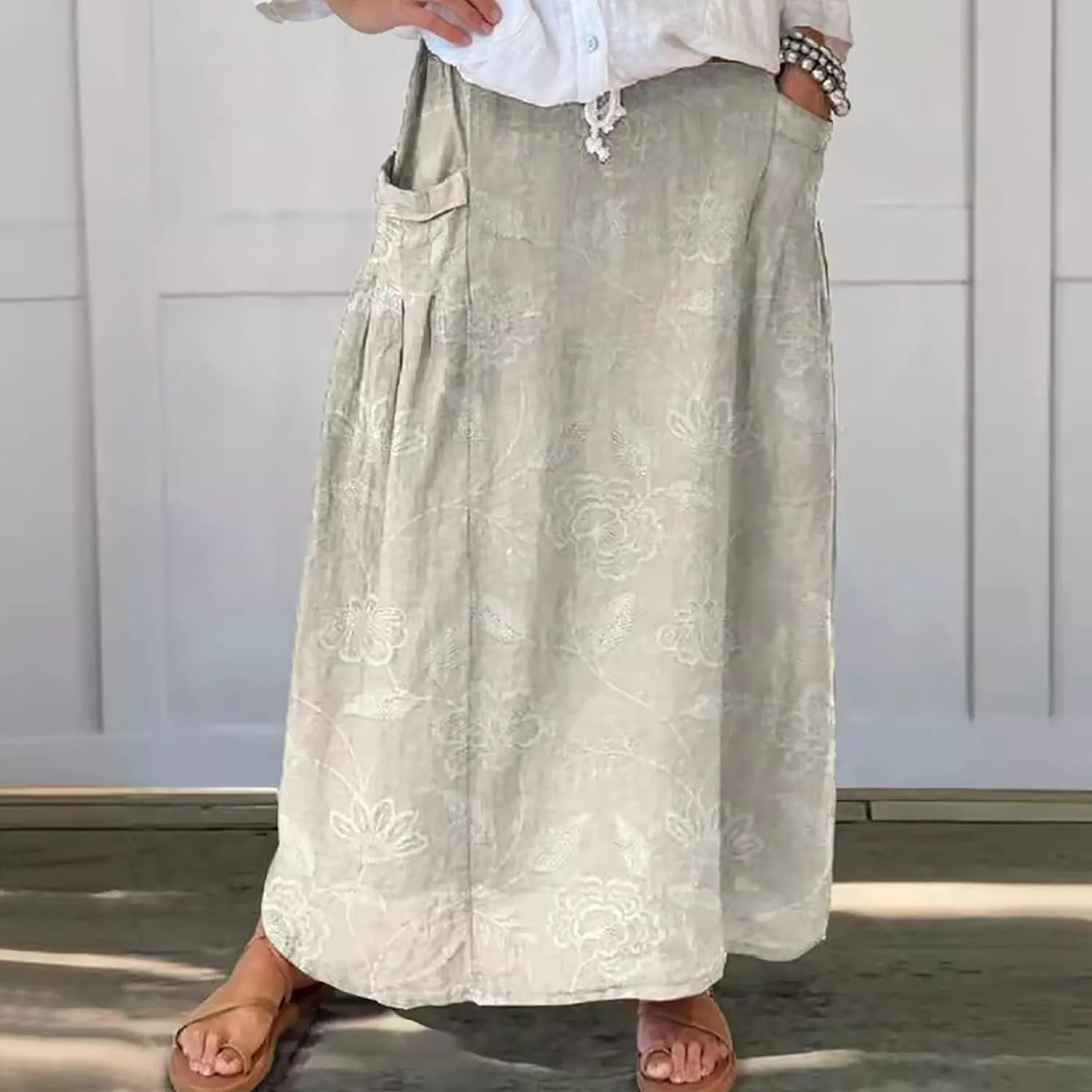 Elastic High Waist Flowy Maxi Skirts Women Boho Floral Tiered Pleated Summer Casual Long Beach Skirt