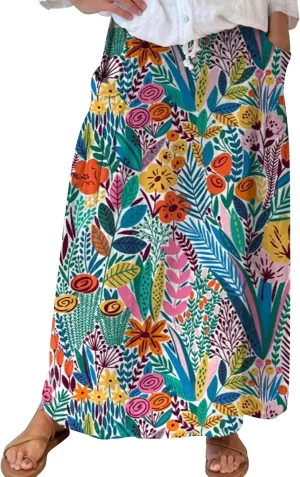 Elastic High Waist Flowy Maxi Skirts Women Boho Floral Tiered Pleated Summer Casual Long Beach Skirt