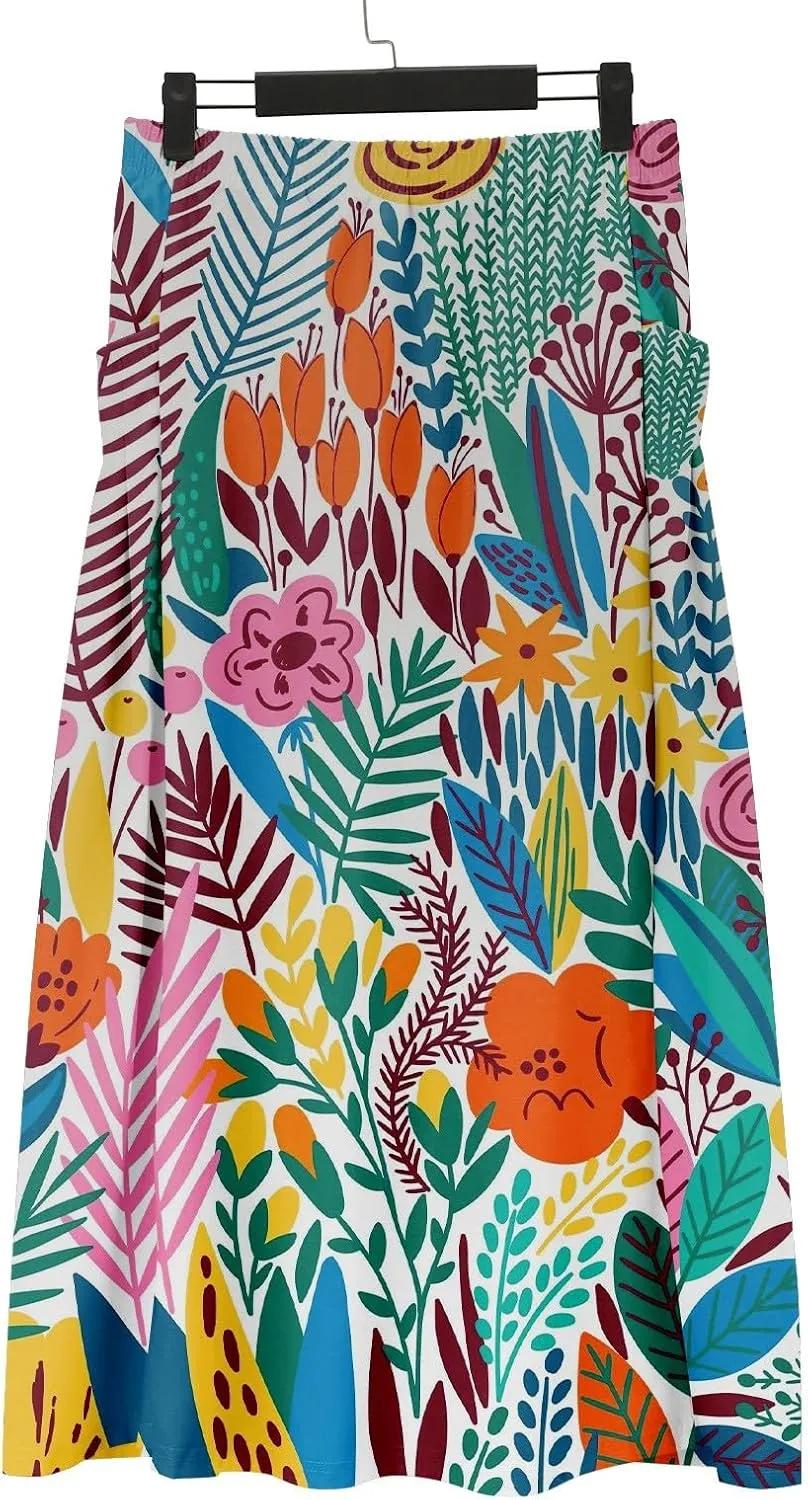 Elastic High Waist Flowy Maxi Skirts Women Boho Floral Tiered Pleated Summer Casual Long Beach Skirt