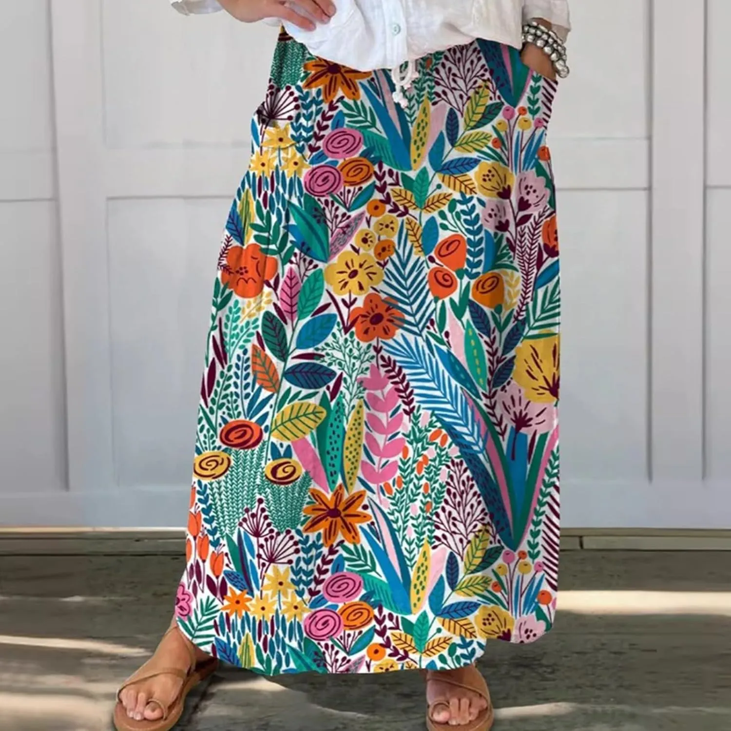 Elastic High Waist Flowy Maxi Skirts Women Boho Floral Tiered Pleated Summer Casual Long Beach Skirt