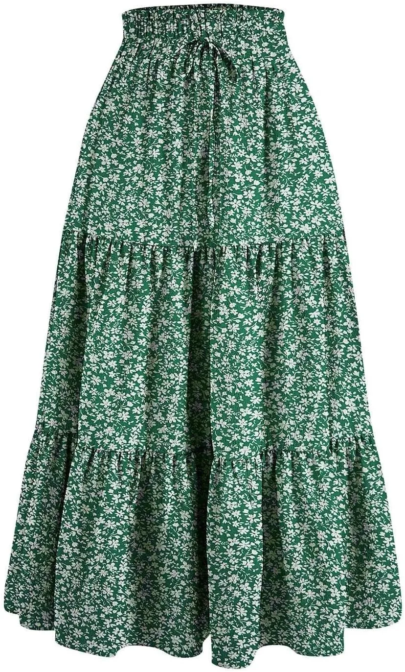 Elastic High Waist Flowy Maxi Skirts Women Boho Floral Tiered Pleated Summer Casual Long Beach Skirt