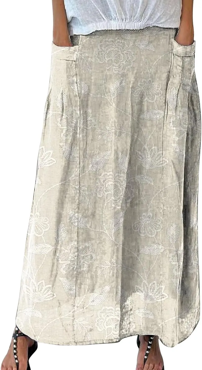 Elastic High Waist Flowy Maxi Skirts Women Boho Floral Tiered Pleated Summer Casual Long Beach Skirt