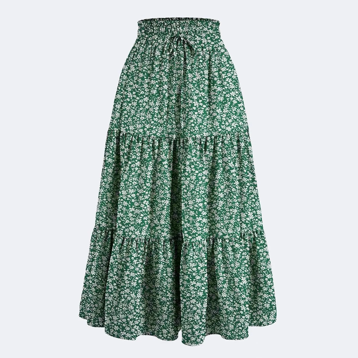 Elastic High Waist Flowy Maxi Skirts Women Boho Floral Tiered Pleated Summer Casual Long Beach Skirt