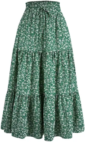 Elastic High Waist Flowy Maxi Skirts Women Boho Floral Tiered Pleated Summer Casual Long Beach Skirt