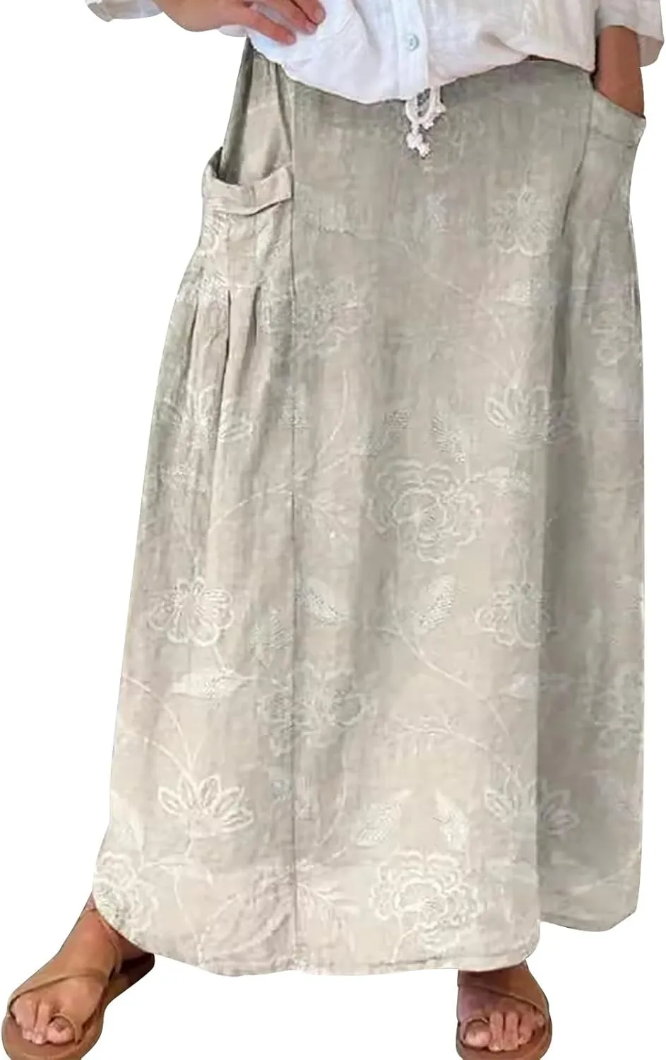 Elastic High Waist Flowy Maxi Skirts Women Boho Floral Tiered Pleated Summer Casual Long Beach Skirt