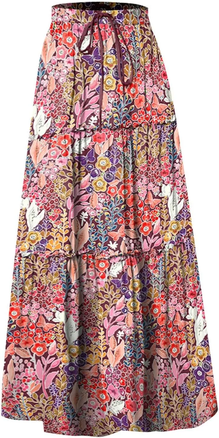 Elastic High Waist Flowy Maxi Skirts Women Boho Floral Tiered Pleated Summer Long Beach Casual Skirt