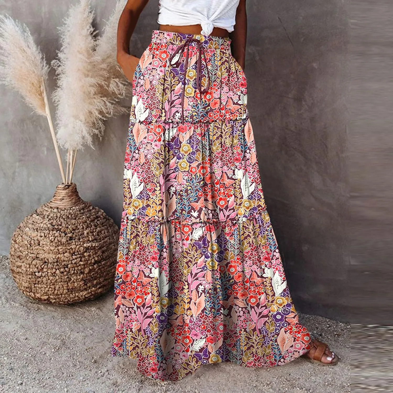 Elastic High Waist Flowy Maxi Skirts Women Boho Floral Tiered Pleated Summer Long Beach Casual Skirt