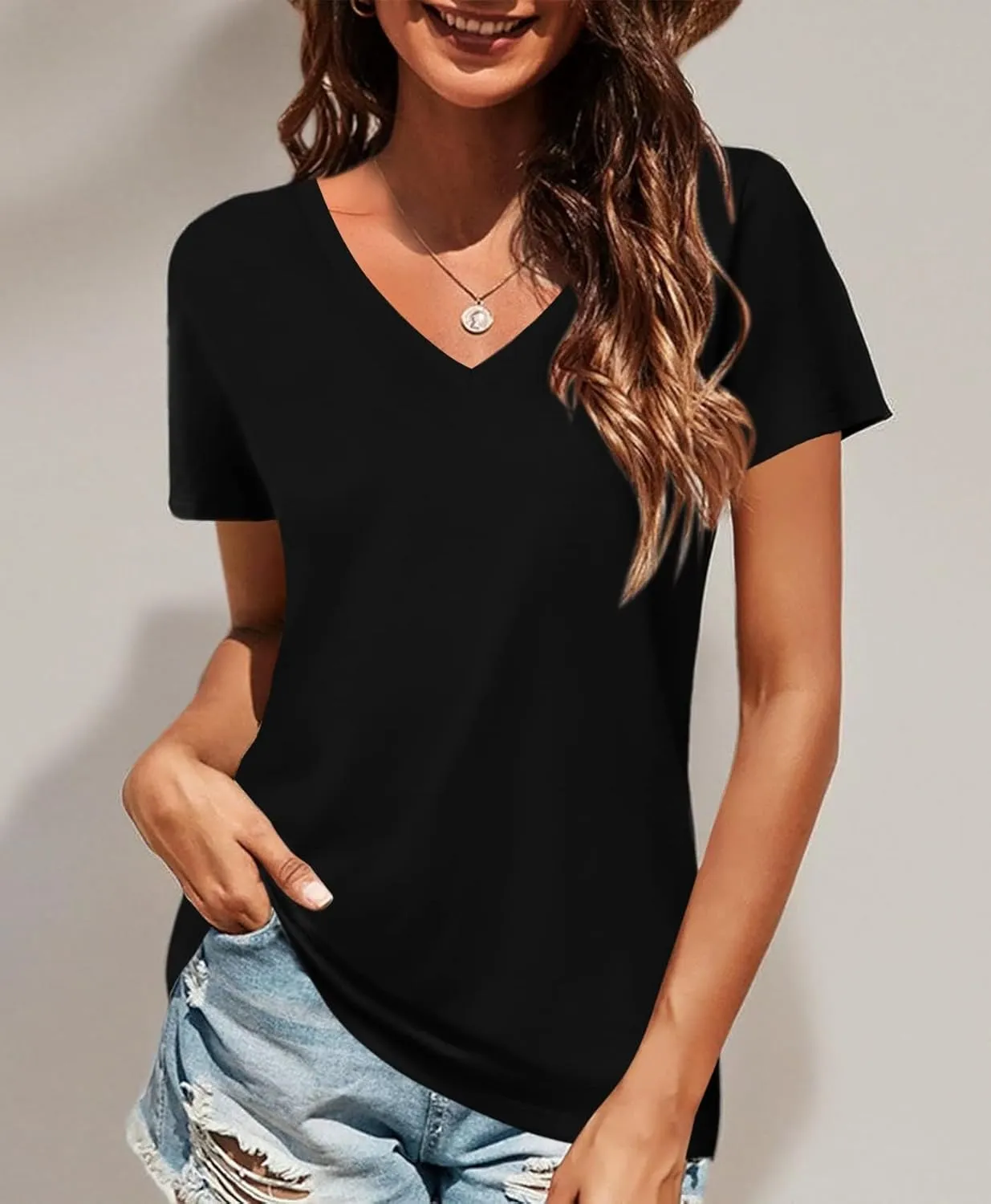 Elesomo Women Shirts V Neck Short/Long Sleeve Cotton Tops T-Shirt Basic Tees
