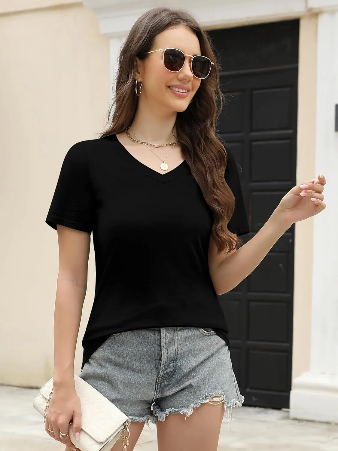 Elesomo Women Shirts V Neck Short/Long Sleeve Cotton Tops T-Shirt Basic Tees