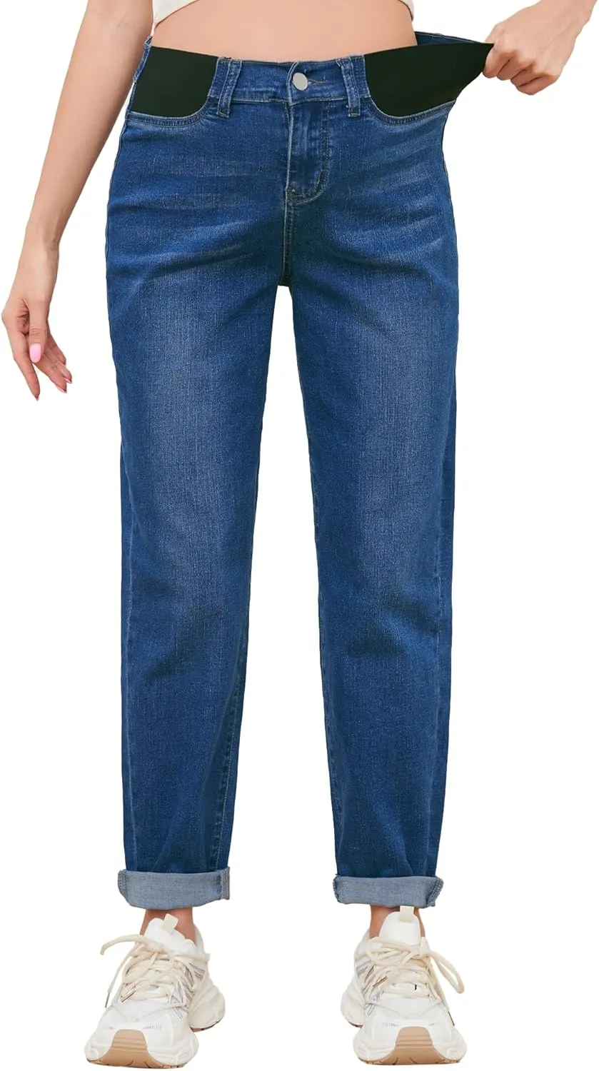 FABRACK Women's Maternity Jeans Mid-Rise Stretchy Boyfriend Jeans Under Belly Pregnancy Denim Pants with Elastic Inset Panel