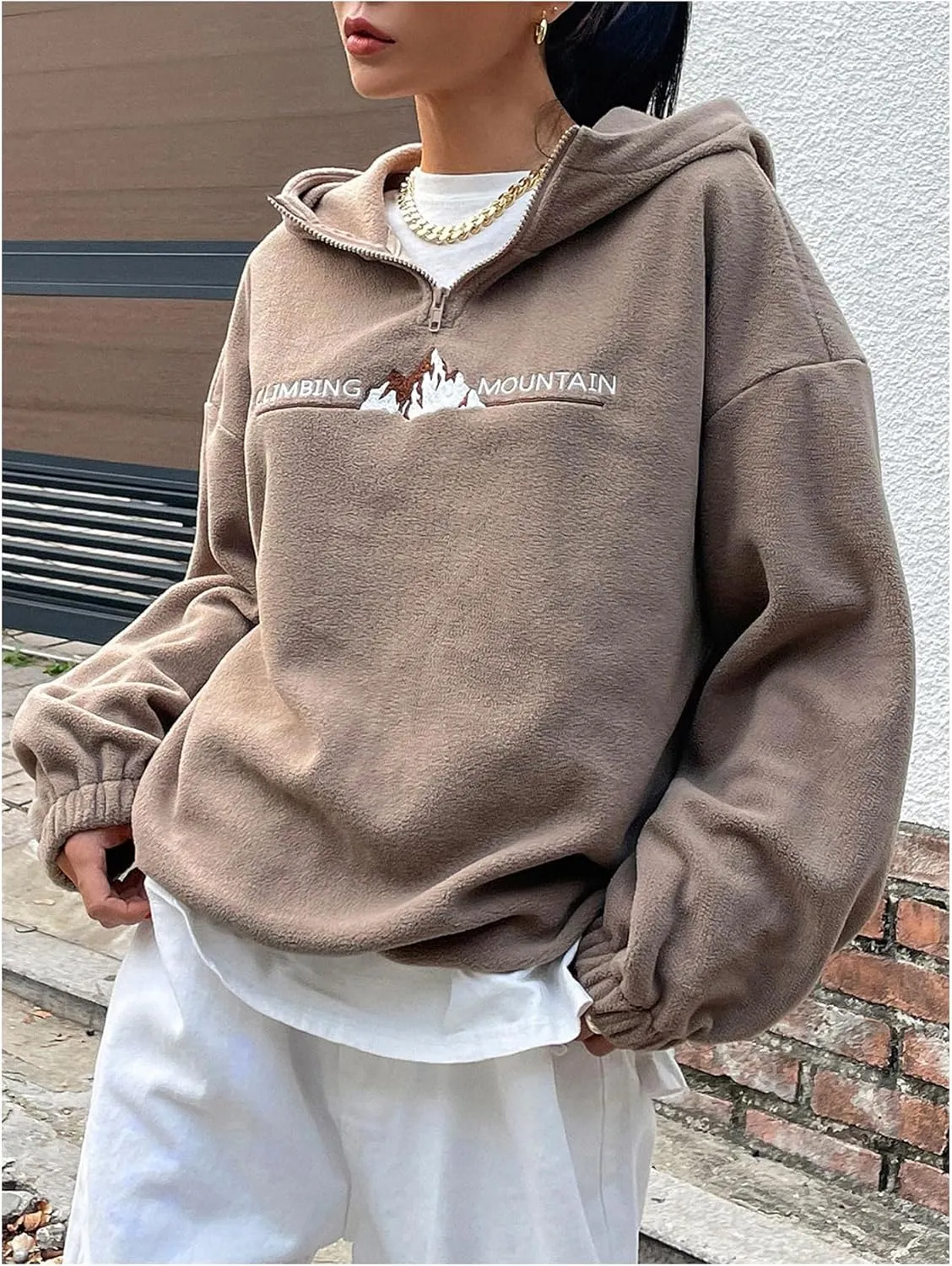 Floerns Women's Letter Embroidery Quarter Zip Oversized Sweatshirts Long Sleeve Fleece Hoodies