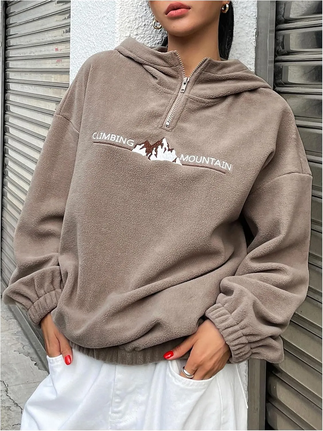Floerns Women's Letter Embroidery Quarter Zip Oversized Sweatshirts Long Sleeve Fleece Hoodies