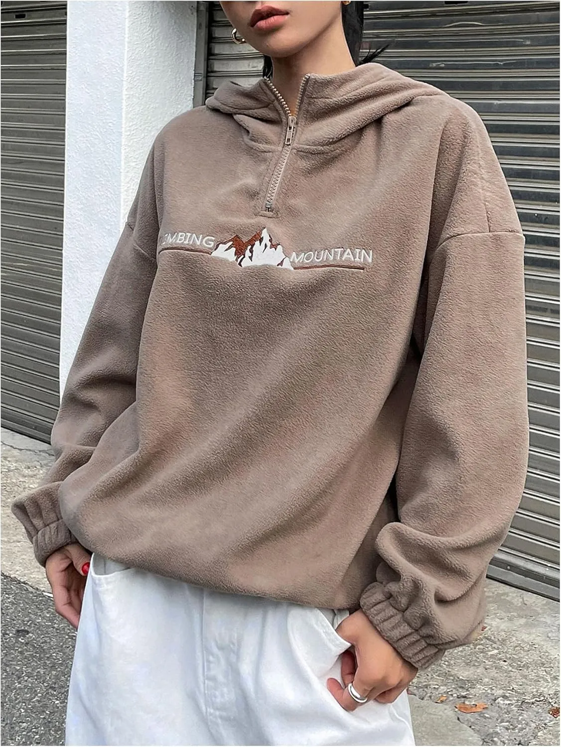 Floerns Women's Letter Embroidery Quarter Zip Oversized Sweatshirts Long Sleeve Fleece Hoodies