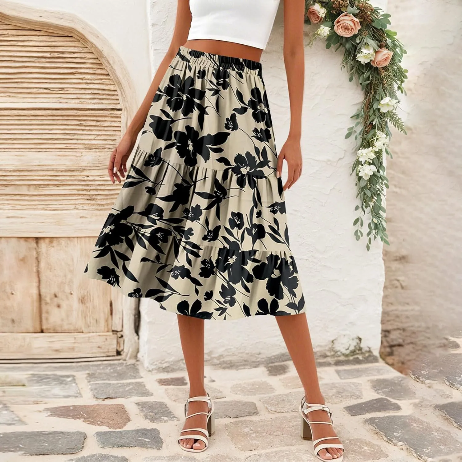 Floral Midi Skirt for Women Comfy Tiered Elastic High Waisted Skirt Vacation A-Line Flowy Swing Boho Beach Skirts
