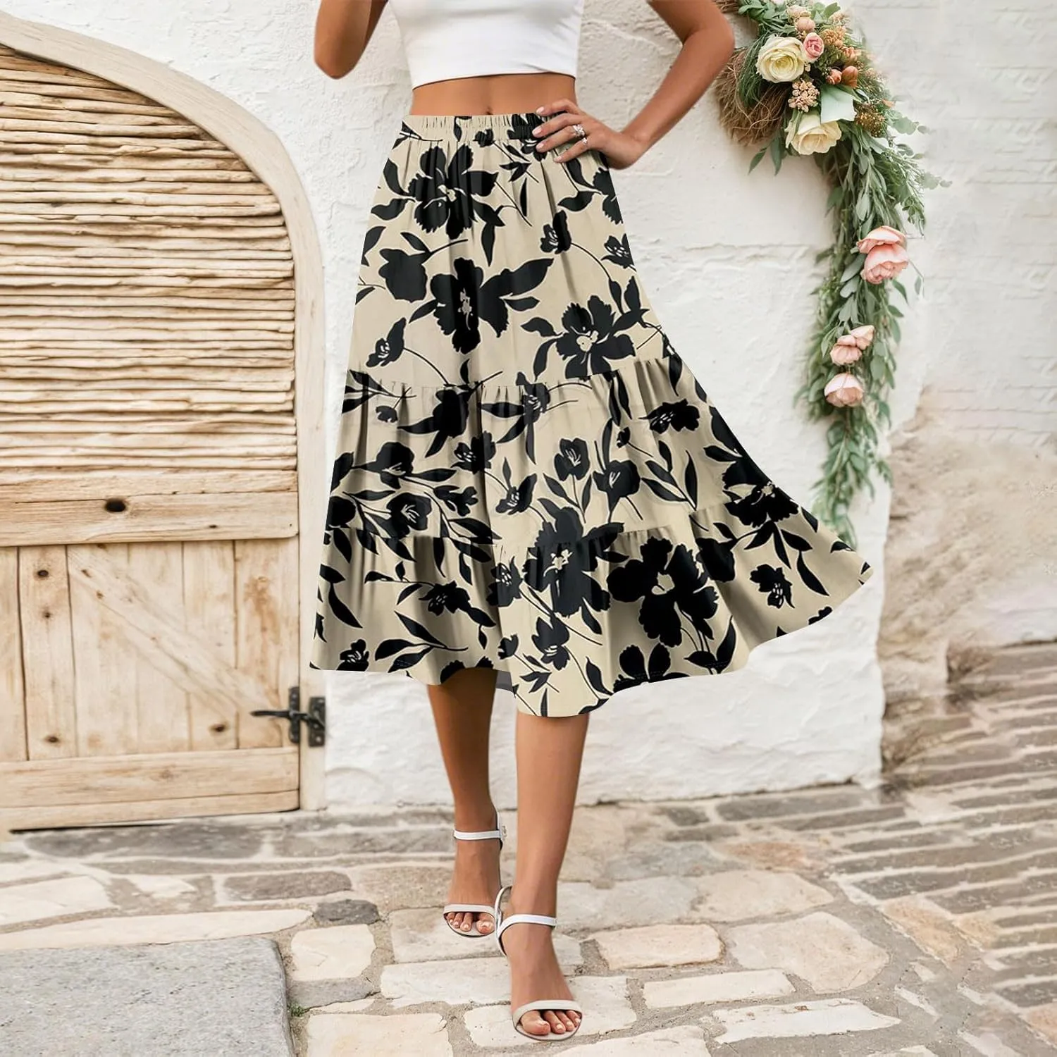 Floral Midi Skirt for Women Comfy Tiered Elastic High Waisted Skirt Vacation A-Line Flowy Swing Boho Beach Skirts