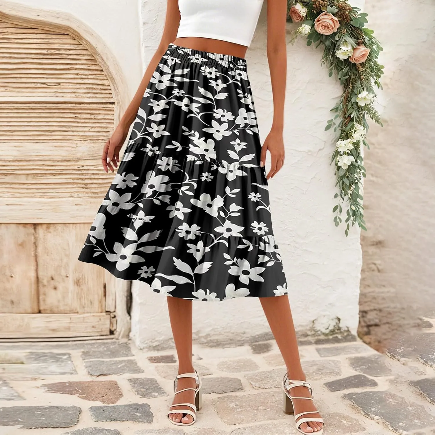 Floral Midi Skirt for Women Comfy Tiered Elastic High Waisted Skirt Vacation A-Line Flowy Swing Boho Beach Skirts