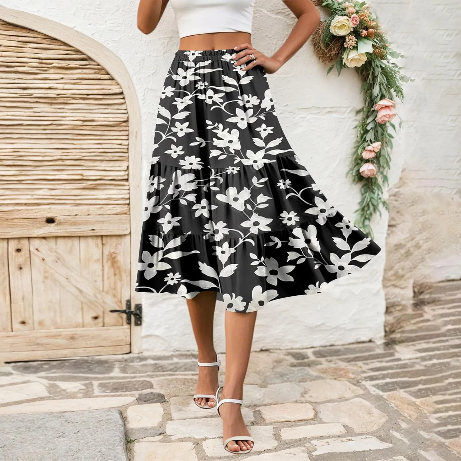 Floral Midi Skirt for Women Comfy Tiered Elastic High Waisted Skirt Vacation A-Line Flowy Swing Boho Beach Skirts