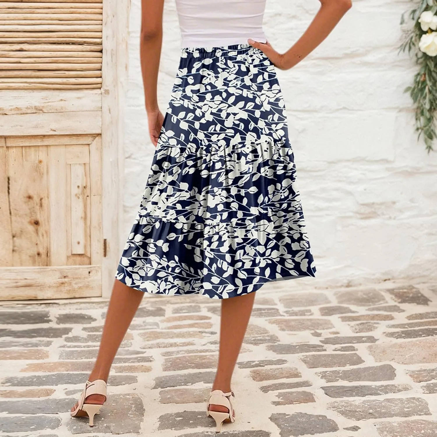 Floral Midi Skirt for Women Comfy Tiered Elastic High Waisted Skirt Vacation A-Line Flowy Swing Boho Beach Skirts