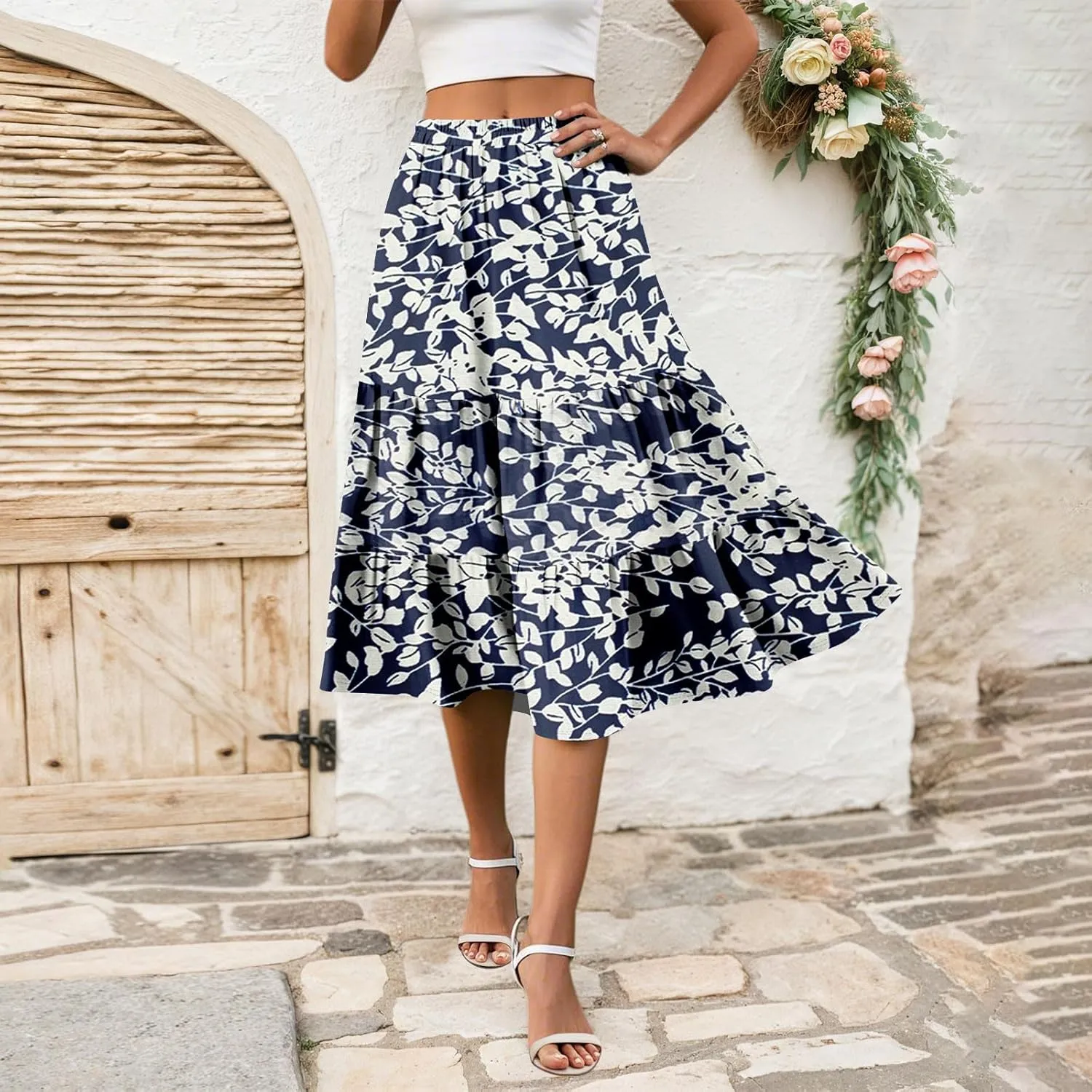 Floral Midi Skirt for Women Comfy Tiered Elastic High Waisted Skirt Vacation A-Line Flowy Swing Boho Beach Skirts