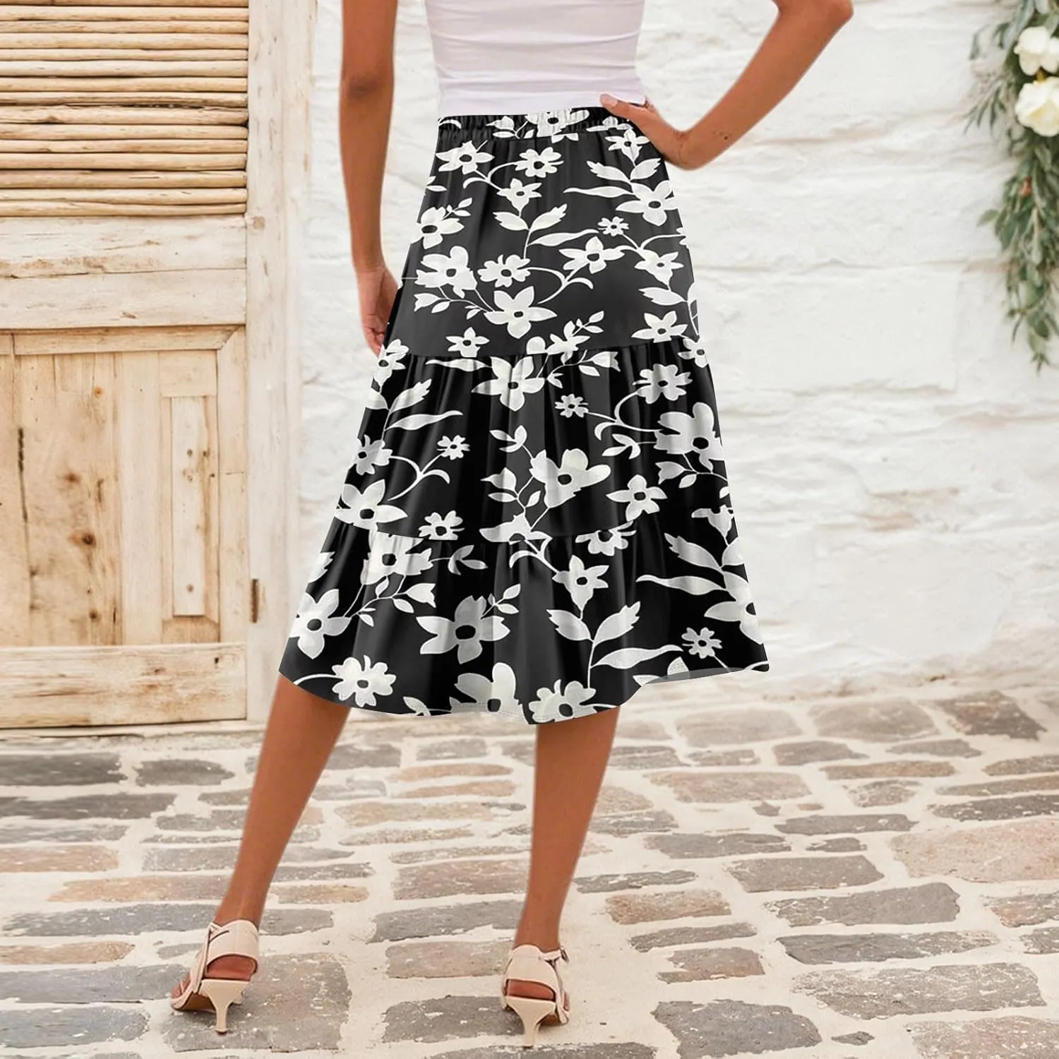 Floral Midi Skirt for Women Comfy Tiered Elastic High Waisted Skirt Vacation A-Line Flowy Swing Boho Beach Skirts