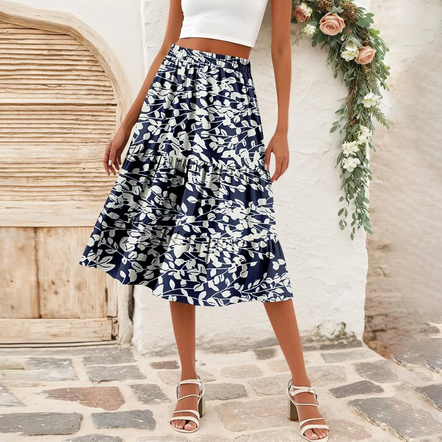 Floral Midi Skirt for Women Comfy Tiered Elastic High Waisted Skirt Vacation A-Line Flowy Swing Boho Beach Skirts
