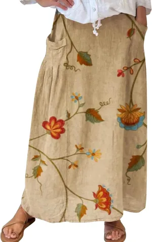 Floral Print Boho Maxi Skirt Women Elastic High Waist Tiered Pleated Flowy Long Summer Beach Skirt