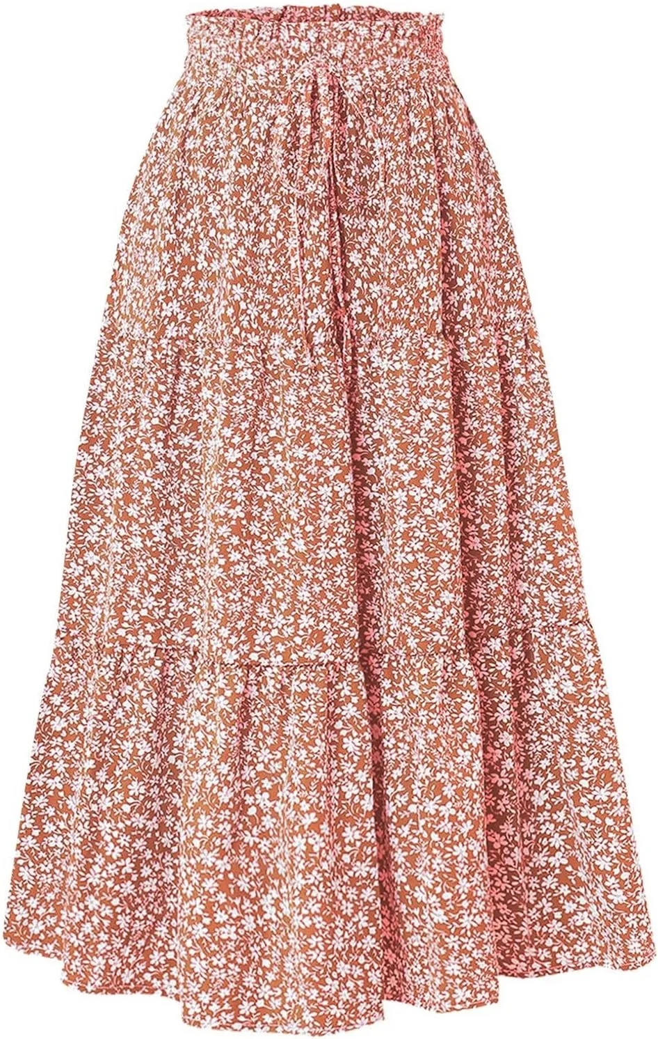 Floral Print Boho Maxi Skirt Women Elastic High Waist Tiered Pleated Flowy Long Summer Beach Skirt