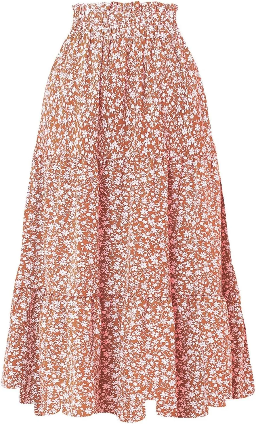 Floral Print Boho Maxi Skirt Women Elastic High Waist Tiered Pleated Flowy Long Summer Beach Skirt