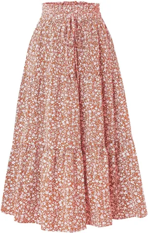 Floral Print Boho Maxi Skirt Women Elastic High Waist Tiered Pleated Flowy Long Summer Beach Skirt