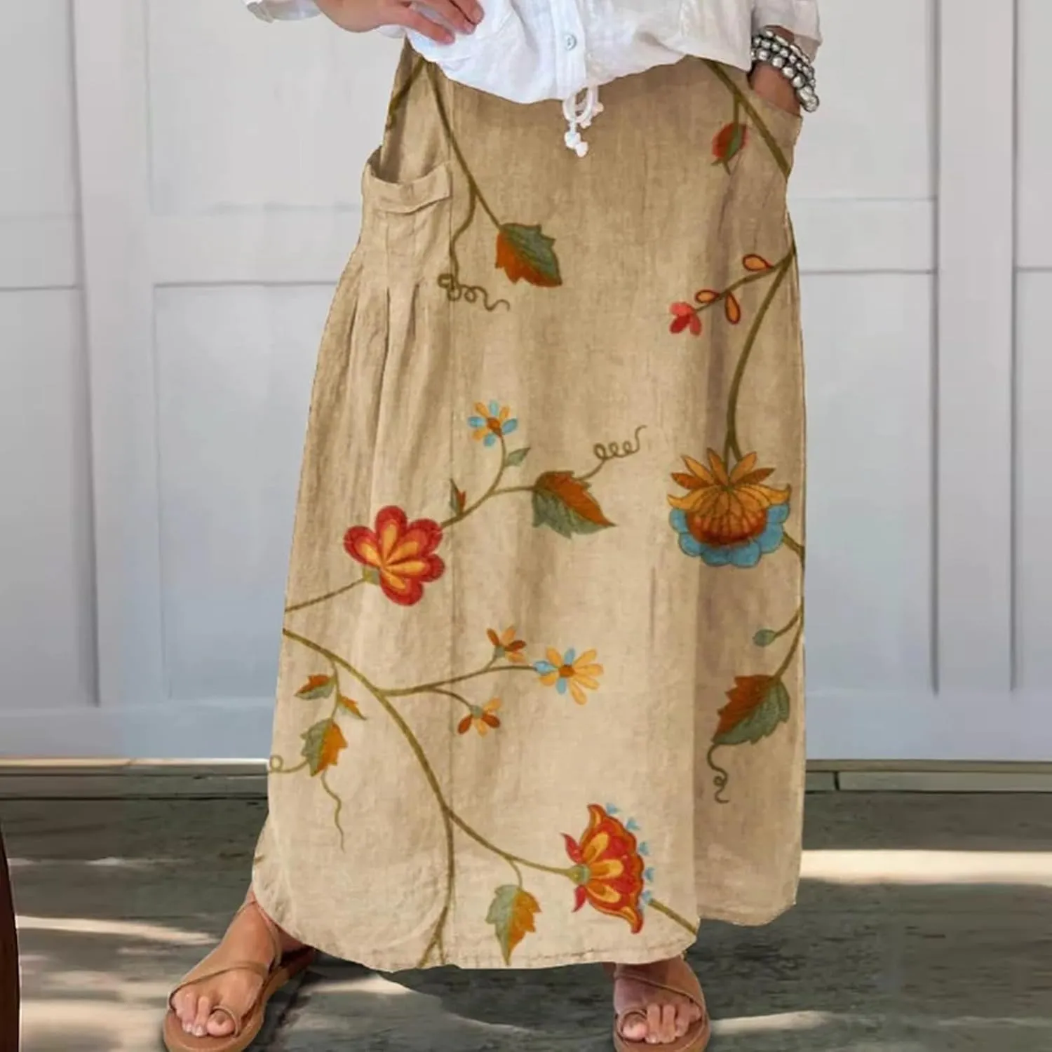 Floral Print Boho Maxi Skirt Women Elastic High Waist Tiered Pleated Flowy Long Summer Beach Skirt