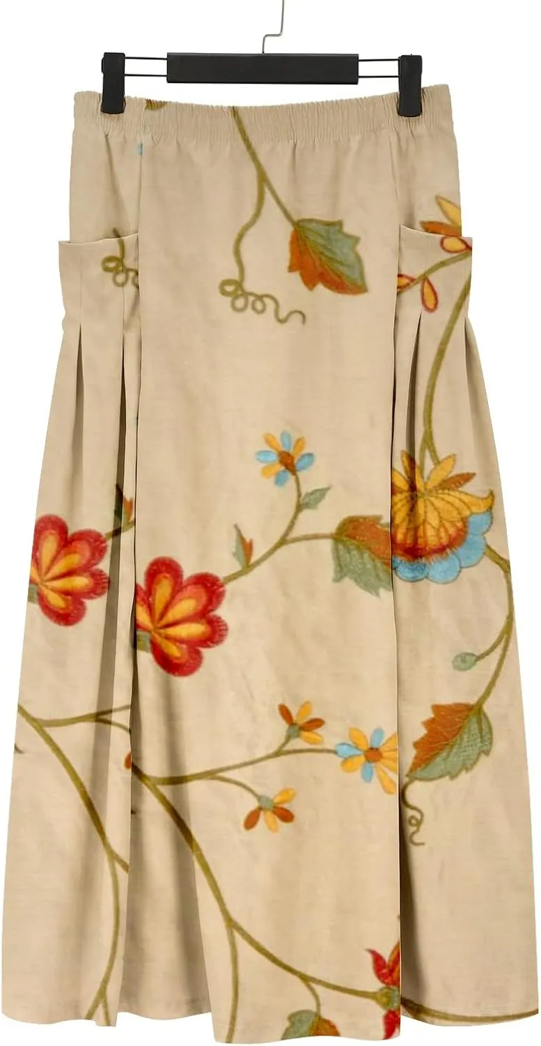 Floral Print Boho Maxi Skirt Women Elastic High Waist Tiered Pleated Flowy Long Summer Beach Skirt