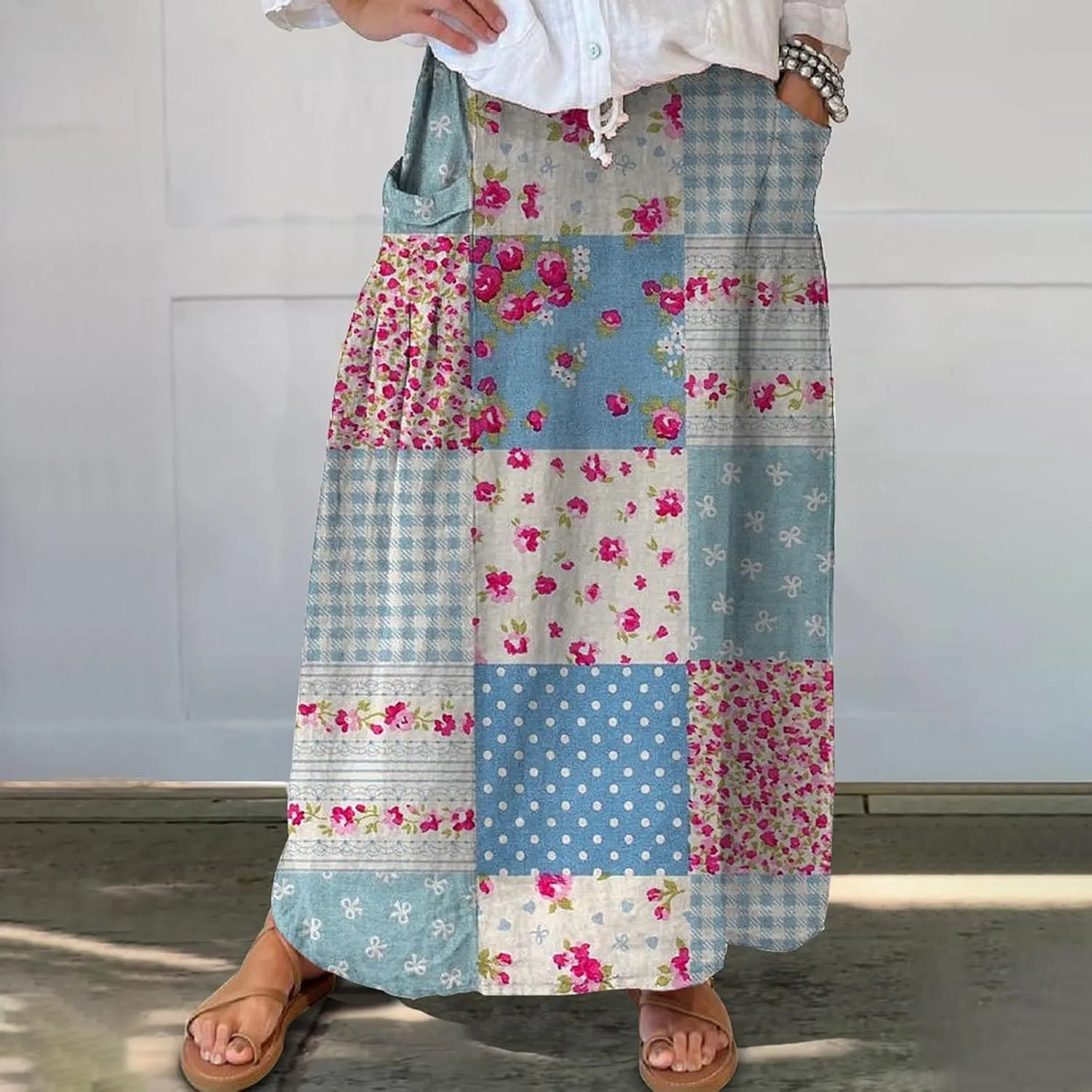 Flowy Long Maxi Skirts Women Boho Floral Elastic High Waist Tiered Pleated Summer Casual Beach Skirt