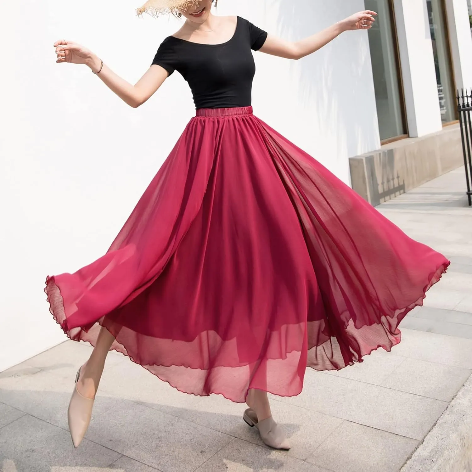 Flowy Long Maxi Skirts Women Boho Floral Elastic High Waist Tiered Pleated Summer Casual Beach Skirt