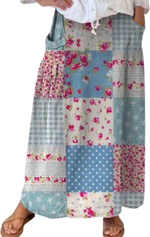 Flowy Long Maxi Skirts Women Boho Floral Elastic High Waist Tiered Pleated Summer Casual Beach Skirt