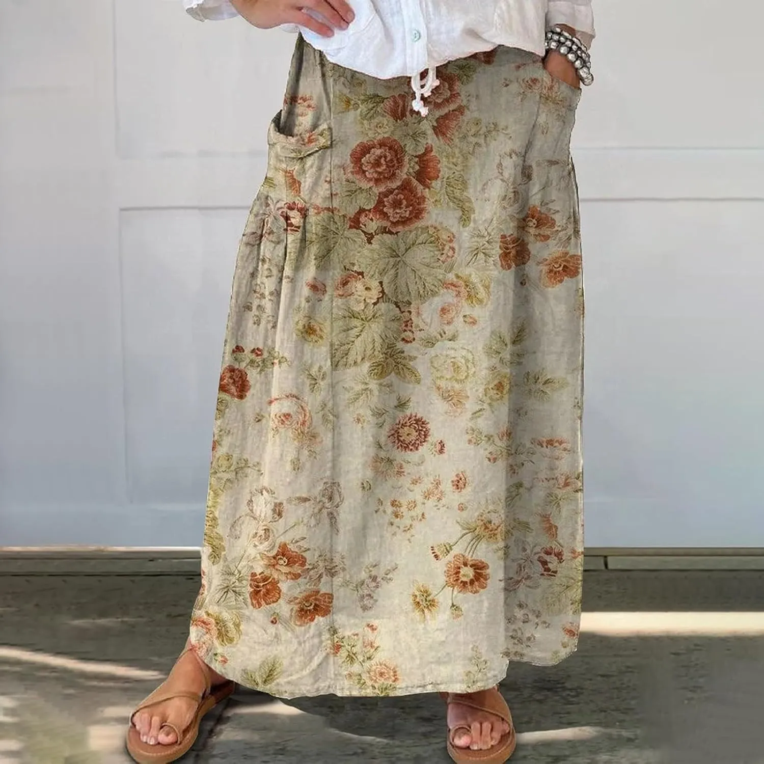 Flowy Long Maxi Skirts Women Boho Floral Elastic High Waist Tiered Pleated Summer Casual Beach Skirt