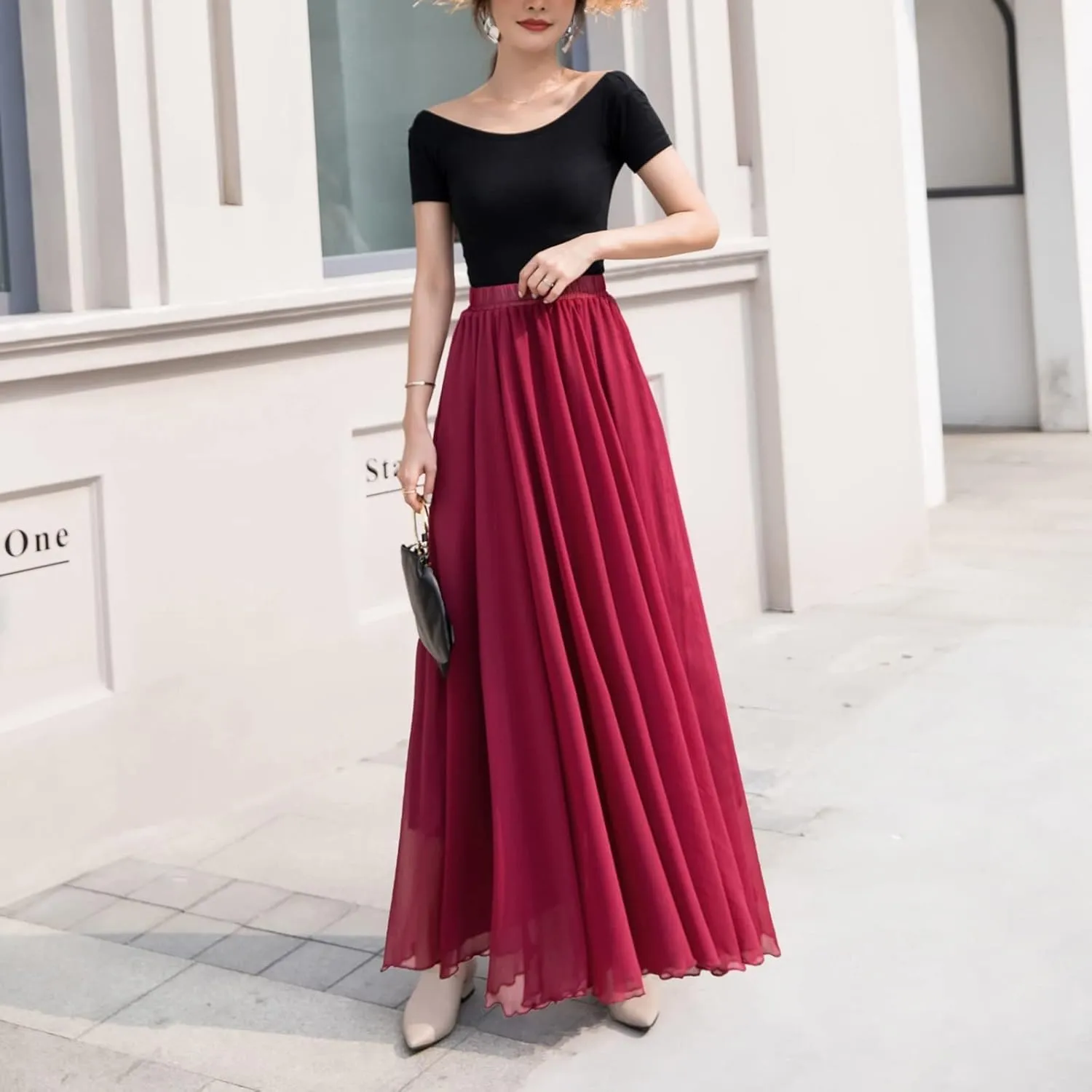 Flowy Long Maxi Skirts Women Boho Floral Elastic High Waist Tiered Pleated Summer Casual Beach Skirt