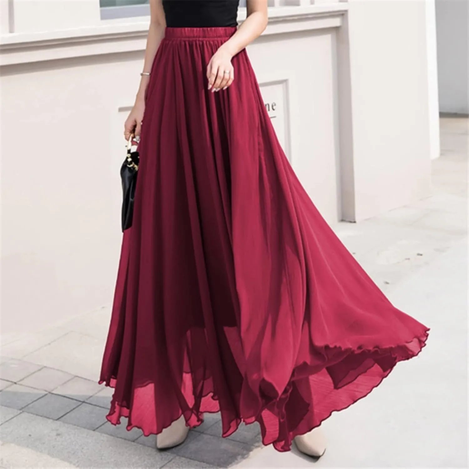 Flowy Long Maxi Skirts Women Boho Floral Elastic High Waist Tiered Pleated Summer Casual Beach Skirt