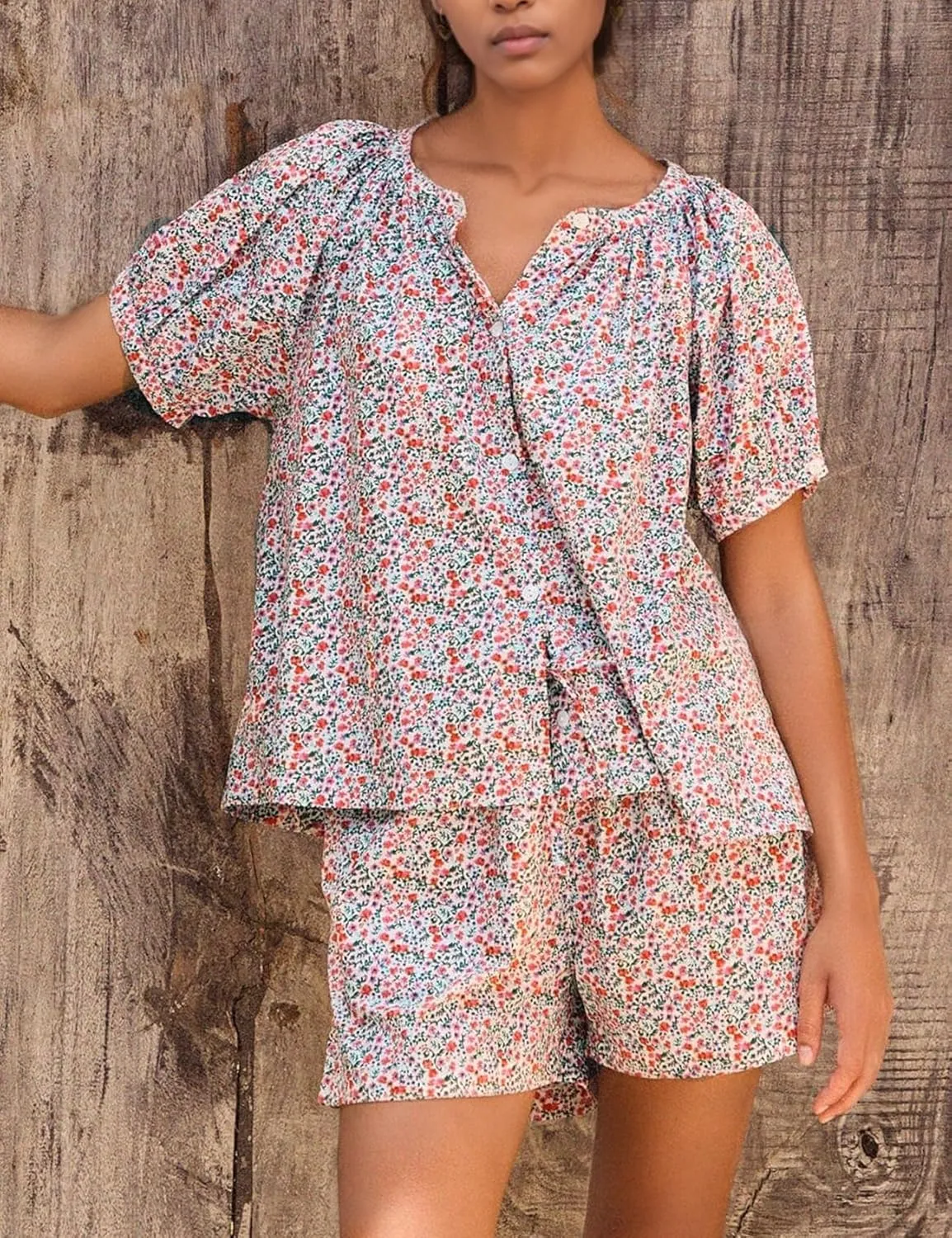 Flygo Women’s Floral Pajamas Sets 2 Piece Lounge Set Button Down Tops and Soft Shorts Sleepwear with Pockets